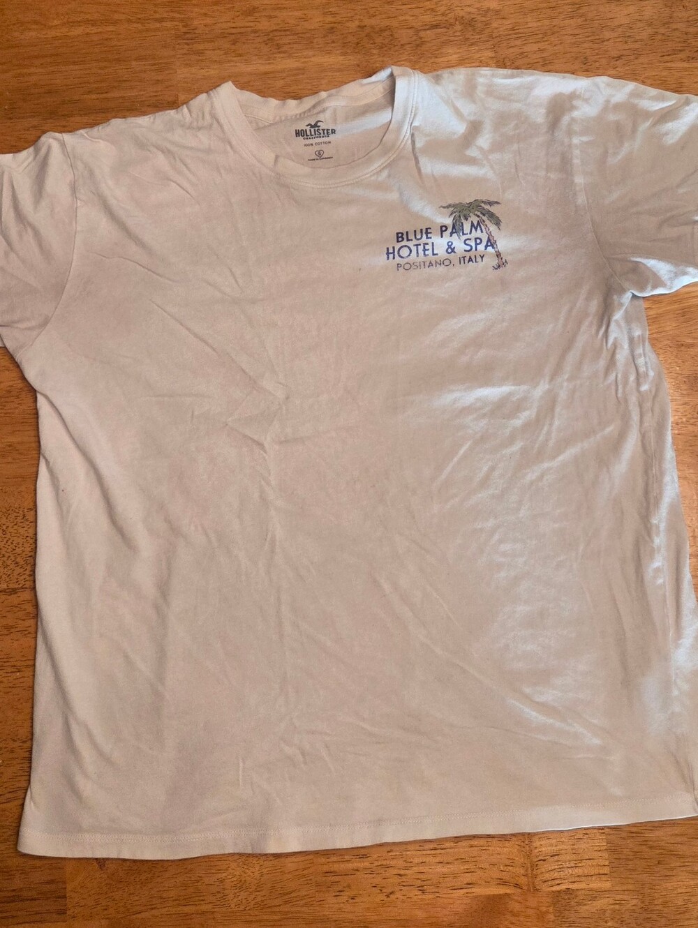 Hollister White Short-Sleeve Tee with Blue Palm Hotel & Spa Graphic